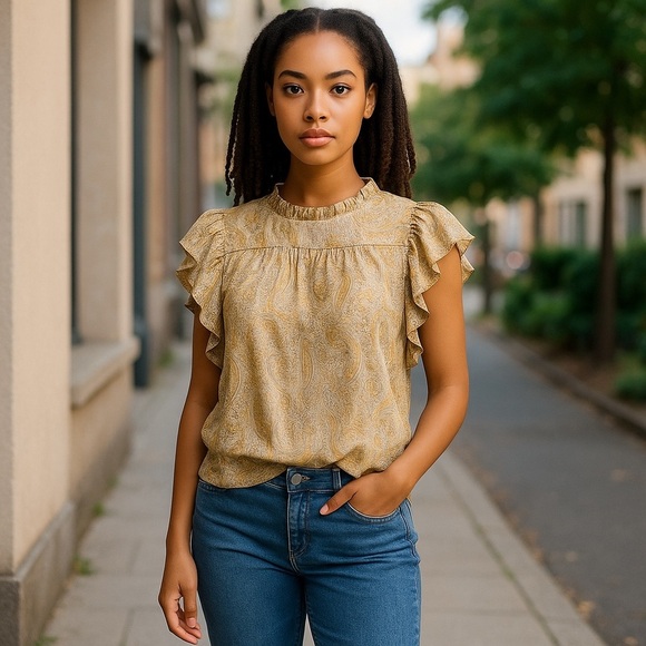 Joie Cream Flutter Sleeve Blouse with Mock Neck Ruffles - Picture 1 of 8